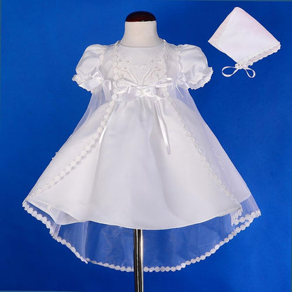 Infant Baby Girls' Christening Gown Baptism Clothing White Satin Dress with Cape and Bonnet Size 0 to 12 Months