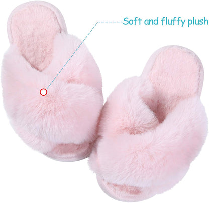 Girl'S Soft Plush Lightweight House Slippers Non Slip Cross Band Slip on Open Toe Cozy Indoor Outdoor Slippers